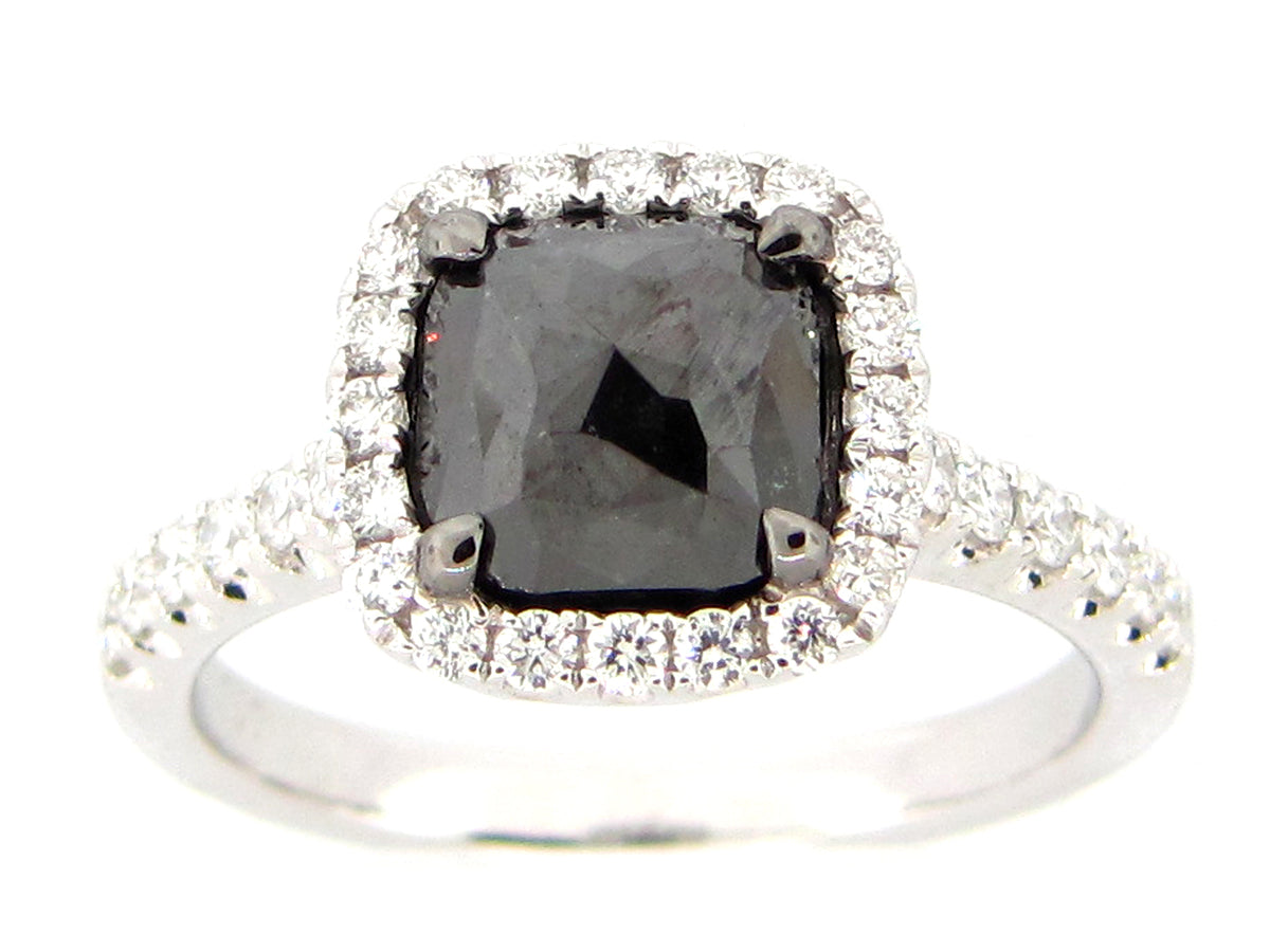 ROSE CUT BLACK & WHITE DIAMOND RING, 18KW (R/H)
