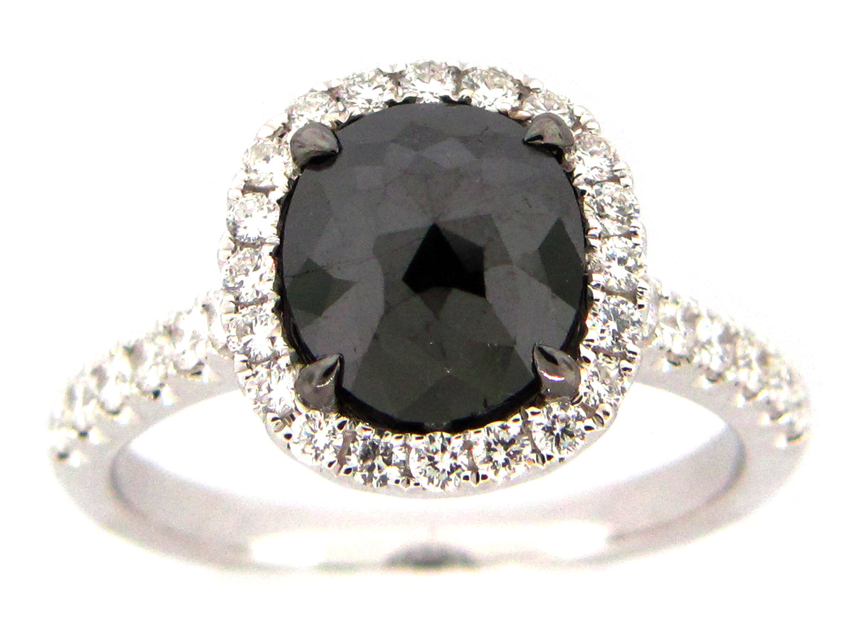 ROSE CUT BLACK & WHITE DIAMOND RING, 18KW (R/H)