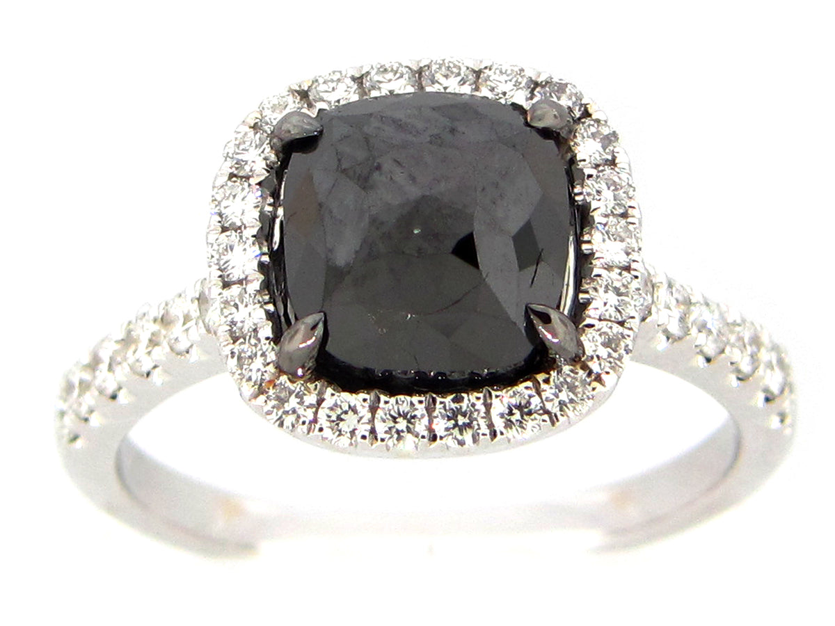 ROSE CUT BLACK & WHITE DIAMOND RING, 18KW (R/H)