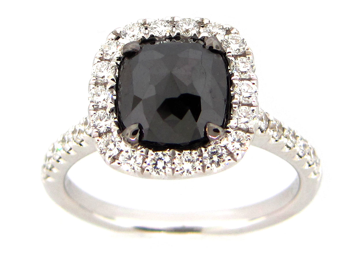 ROSE CUT BLACK & WHITE DIAMOND RING, 18KW (R/H)