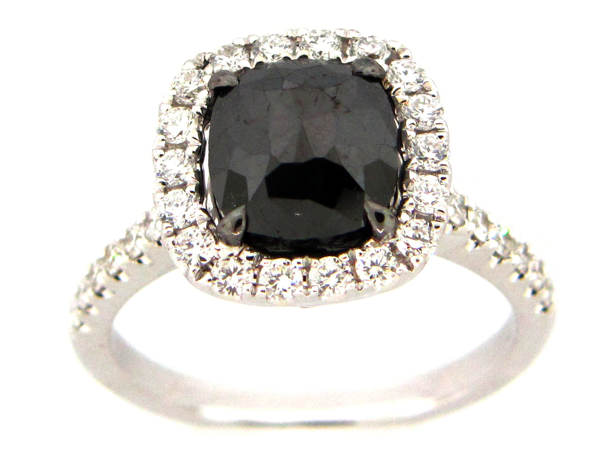 ROSE CUT BLACK & WHITE DIAMOND RING, 18KW (R/H)