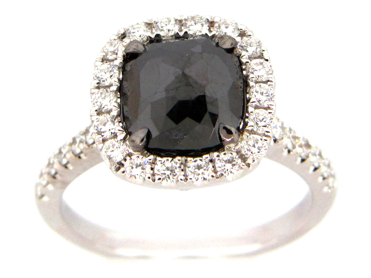 ROSE CUT BLACK & WHITE DIAMOND RING, 18KW (R/H)
