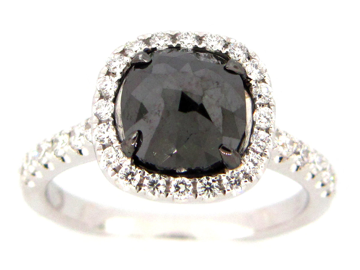 ROSE CUT BLACK & WHITE DIAMOND RING, 18KW (R)
