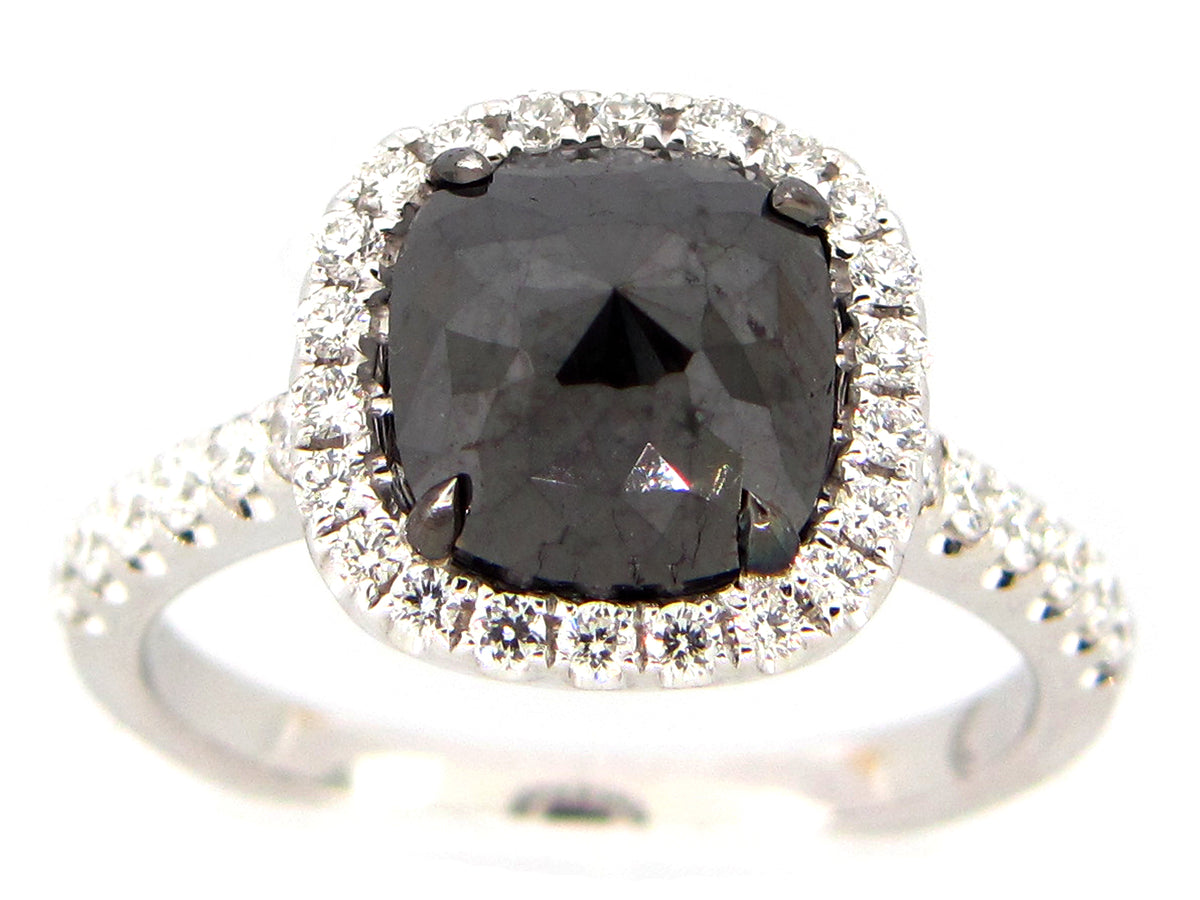 ROSE CUT BLACK & WHITE DIAMOND RING, 18KW (R)