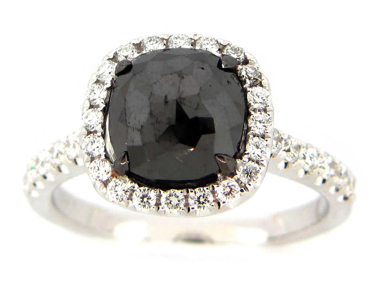 ROSE CUT BLACK & WHITE DIAMOND RING, 18KW (R)