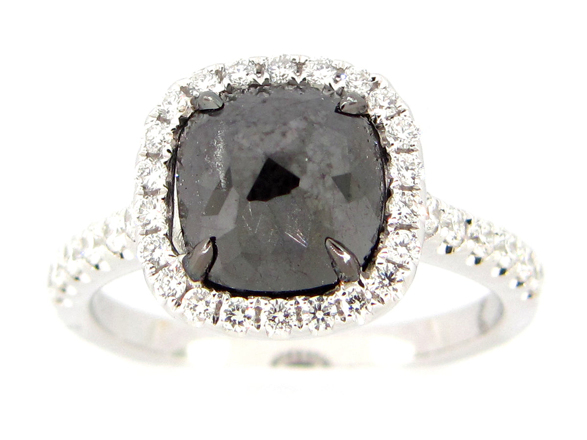 ROSE CUT BLACK & WHITE DIAMOND RING, 18KW (R)
