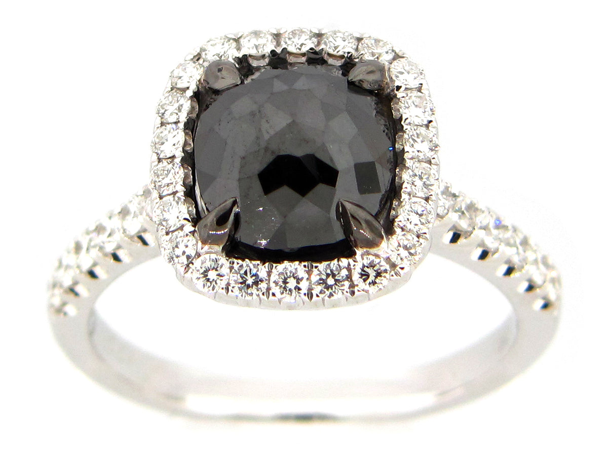 ROSE CUT BLACK & WHITE DIAMOND RING, 18KW (R)