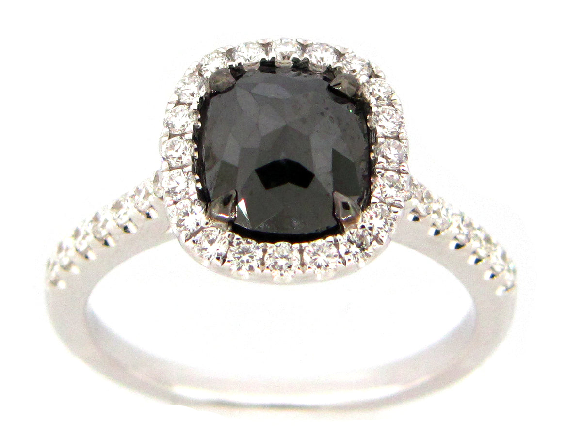 ROSE CUT BLACK & WHITE DIAMOND RING, 18KW (R)