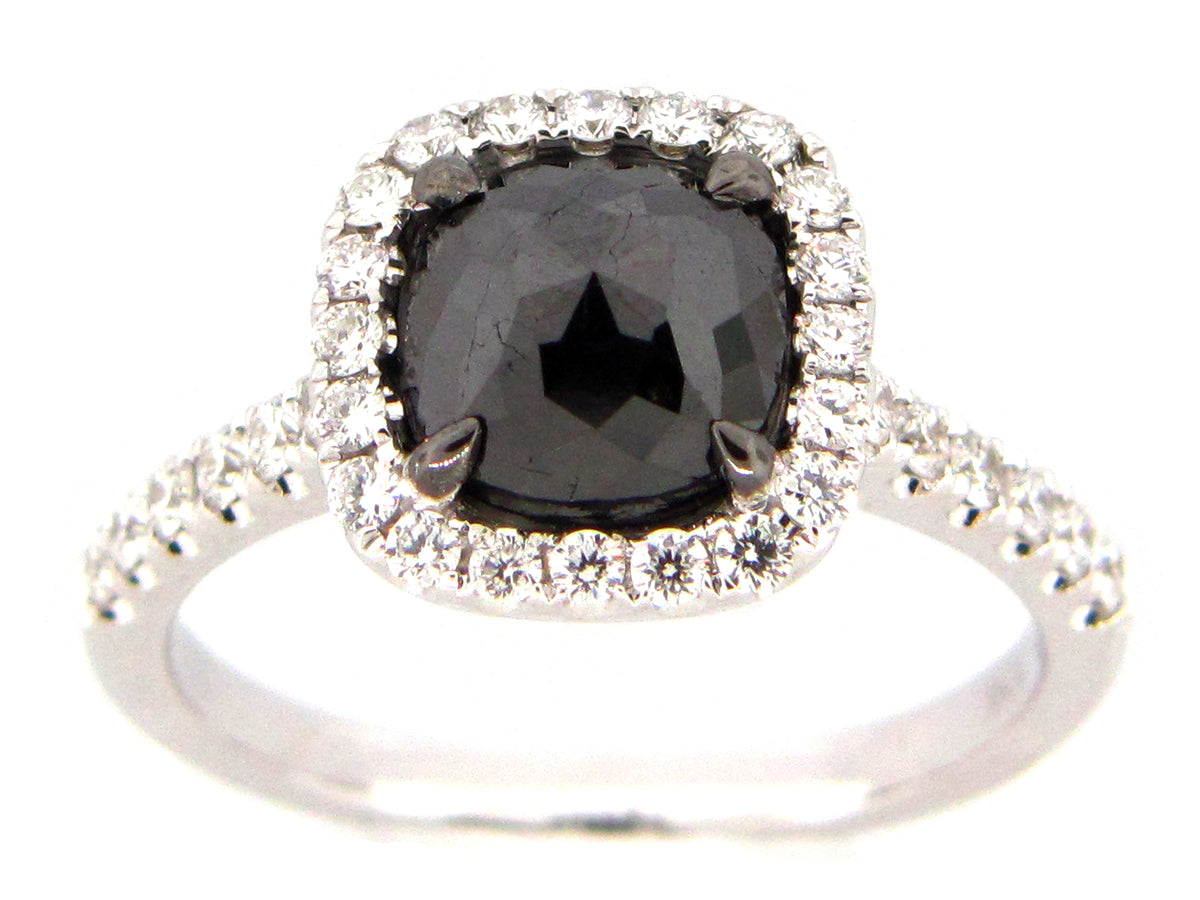 ROSE CUT BLACK & WHITE DIAMOND RING, 18KW (R)