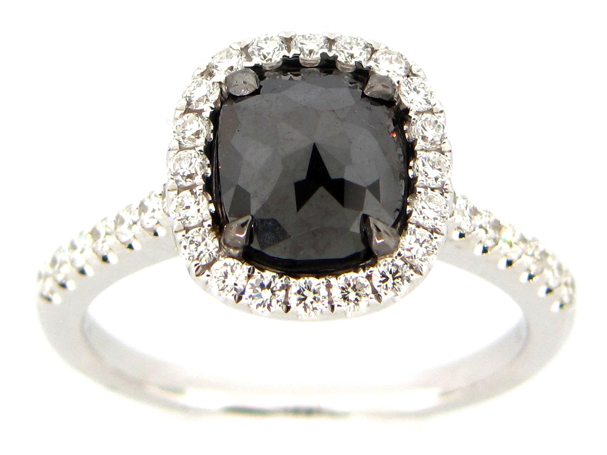 ROSE CUT BLACK & WHITE DIAMOND RING, 18KW (R)