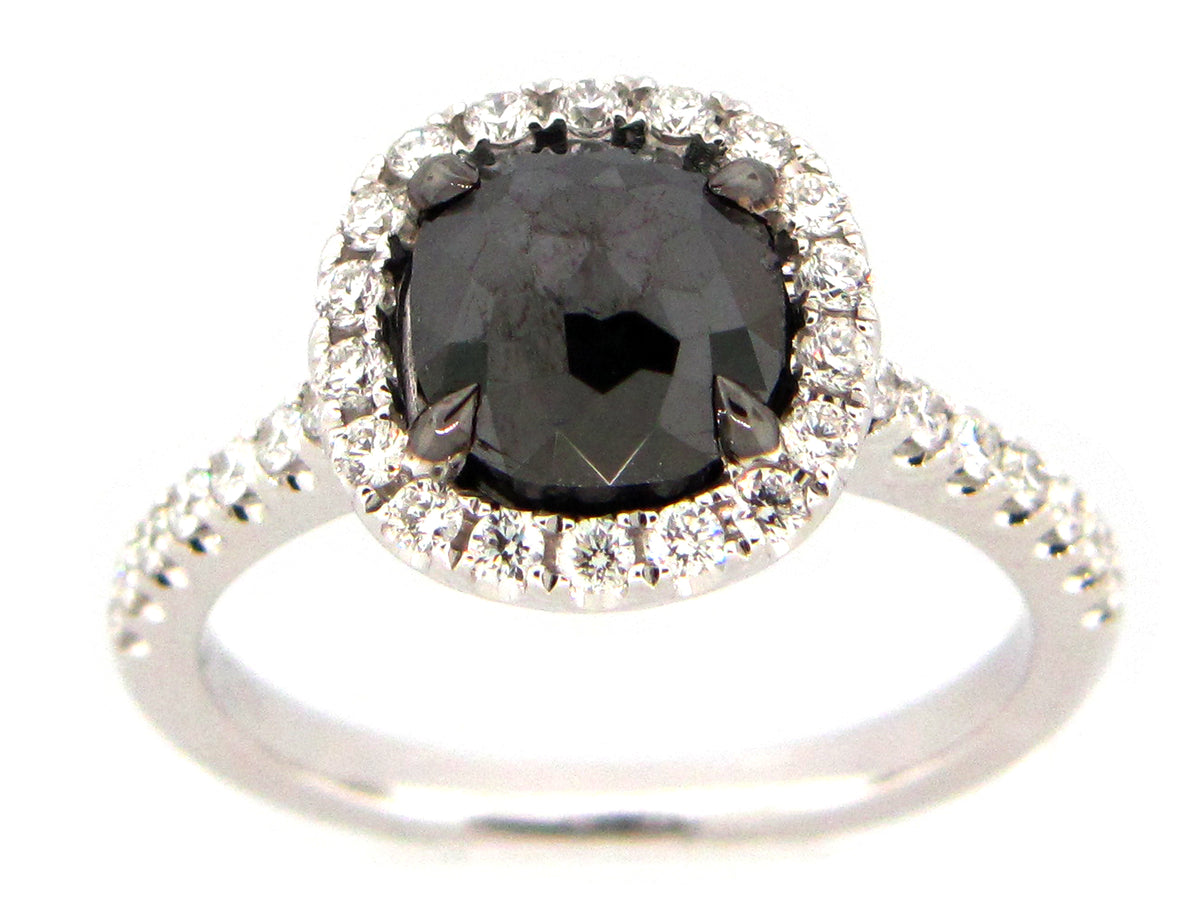 ROSE CUT BLACK & WHITE DIAMOND RING, 18KW (R)