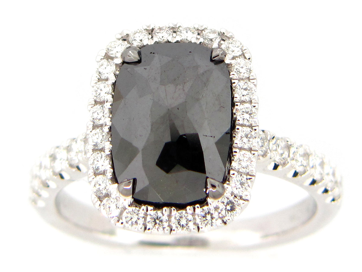ROSE CUT BLACK & WHITE DIAMOND RING, 18KW (R)