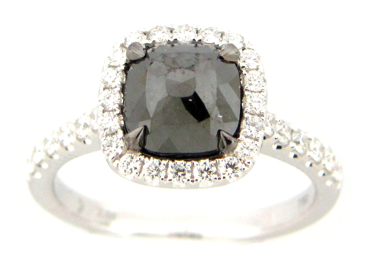 ROSE CUT BLACK & WHITE DIAMOND RING, 18KW (R)