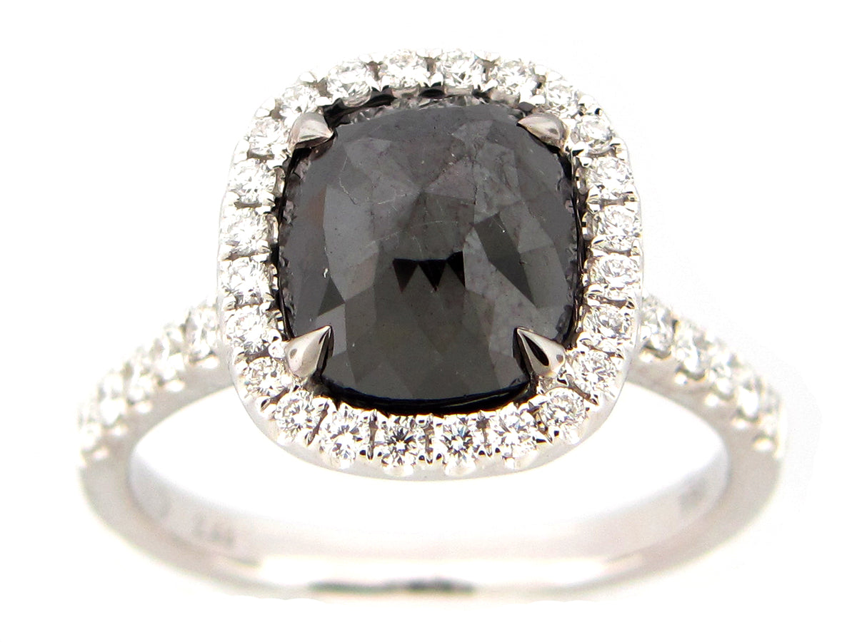ROSE CUT BLACK & WHITE DIAMOND RING, 18KW (R)