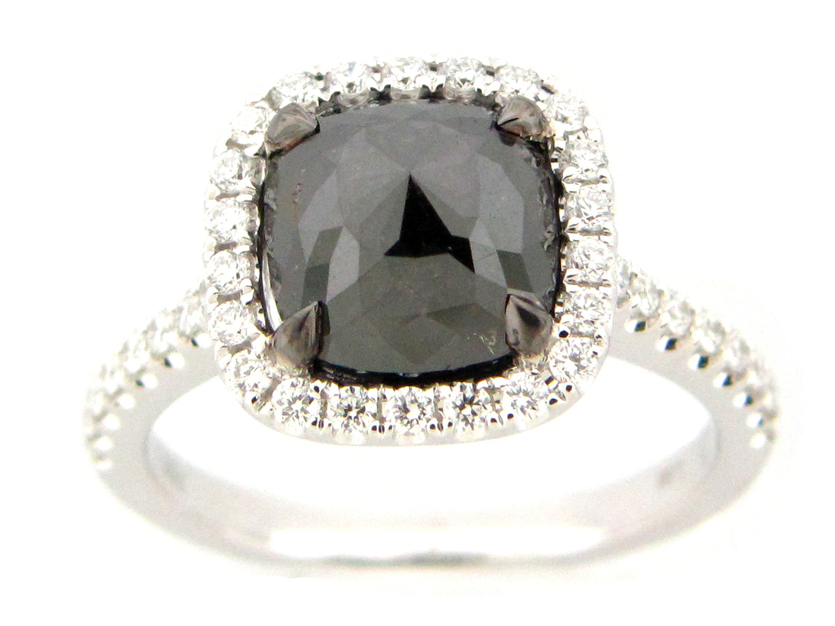 ROSE CUT BLACK & WHITE DIAMOND RING, 18KW (R)