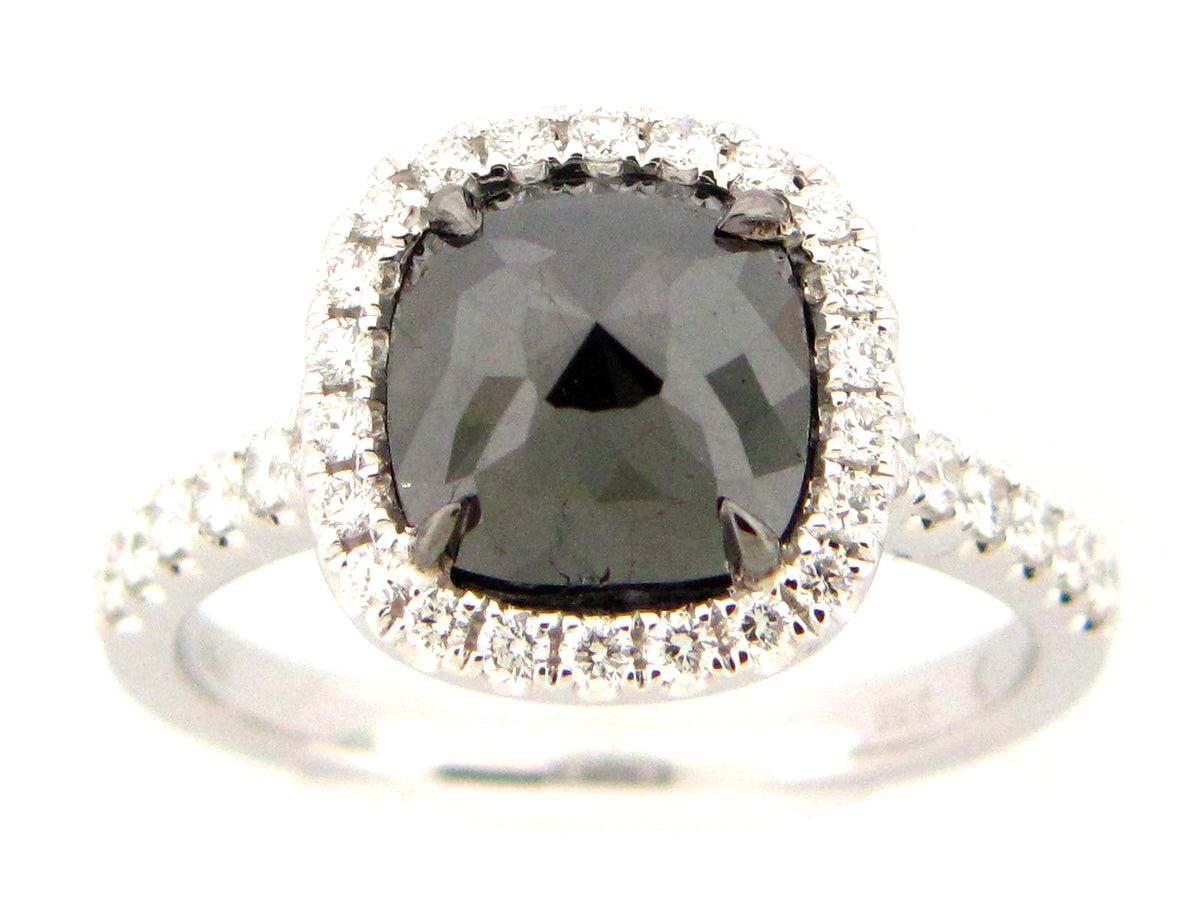 ROSE CUT BLACK & WHITE DIAMOND RING, 18KW (R)