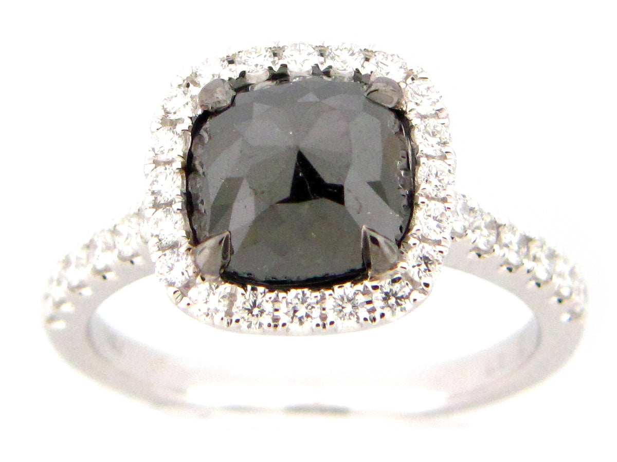 ROSE CUT BLACK & WHITE DIAMOND RING, 18KW (R)