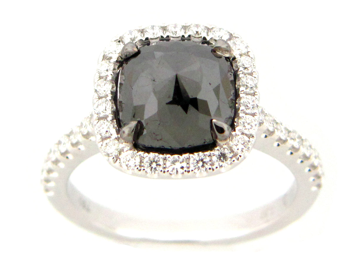 ROSE CUT BLACK & WHITE DIAMOND RING, 18KW (R)