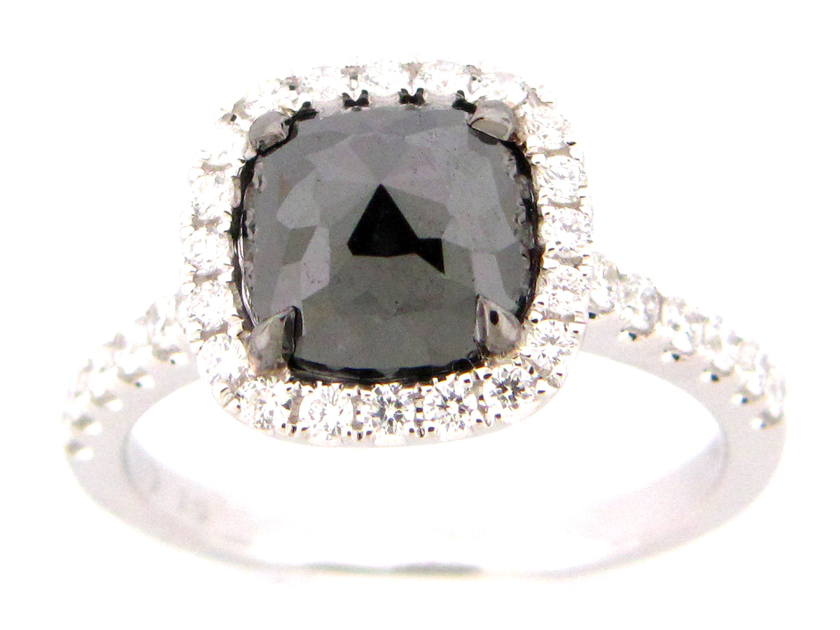 ROSE CUT BLACK & WHITE DIAMOND RING, 18KW (R)