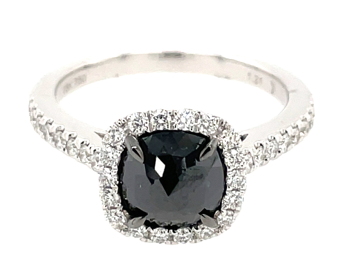 ROSE CUT CUSHION BLACK & WHITE DIAMOND HALO RING