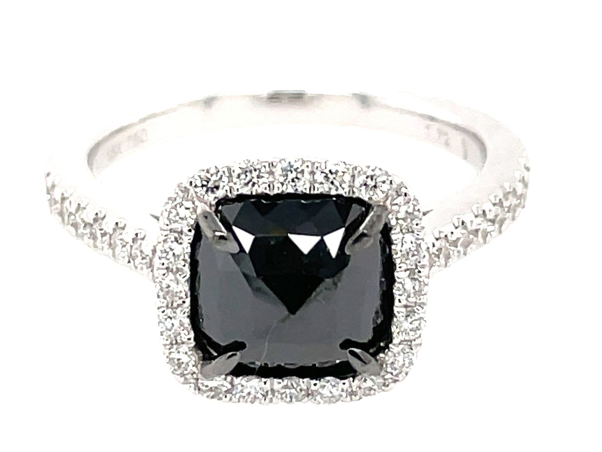 ROSE CUT CUSHION BLACK & WHITE DIAMOND HALO RING, 18KW (R)
