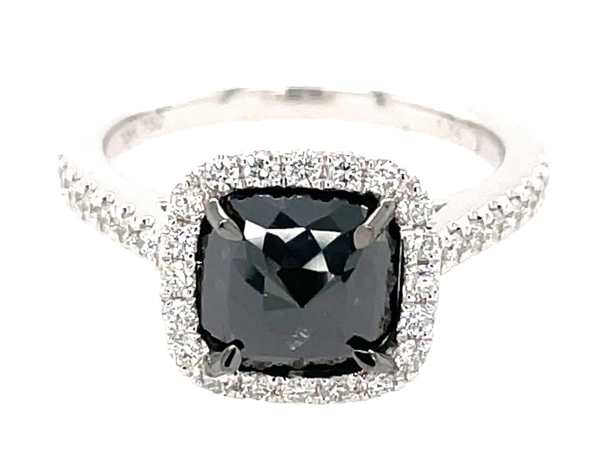 ROSE CUT CUSHION BLACK & WHITE DIAMOND HALO RING, 18KW (R)