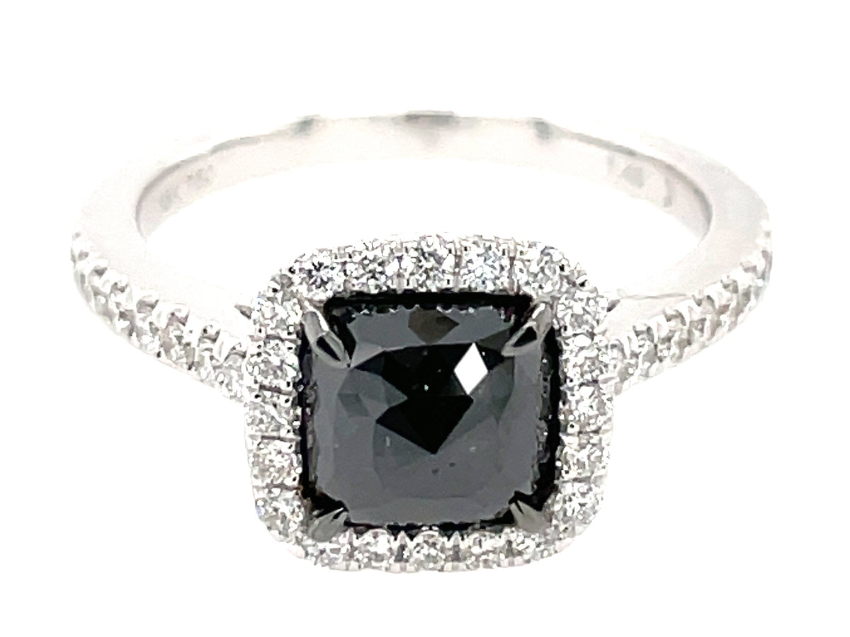 ROSE CUT CUSHION BLACK & WHITE DIAMOND HALO RING