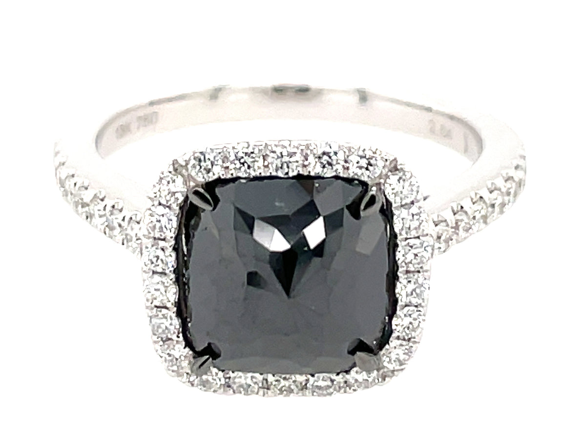 ROSE CUT CUSHION BLACK & WHITE DIAMOND HALO RING, 18KW (R)