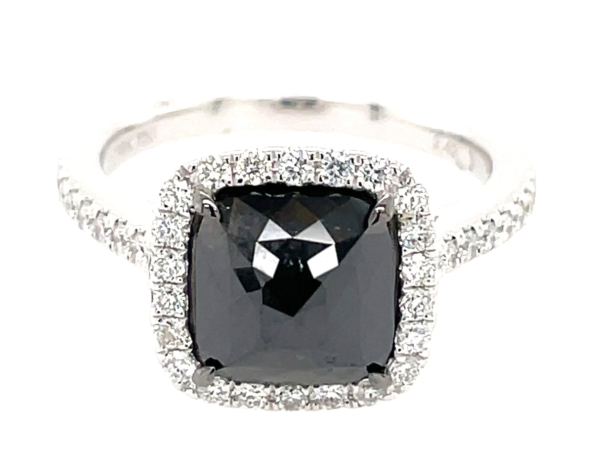 ROSE CUT CUSHION BLACK & WHITE DIAMOND HALO RING, 18KW (R)