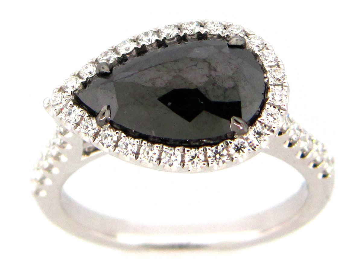 ROSE CUT BLACK & WHITE DIAMOND RING, 18KW (H)