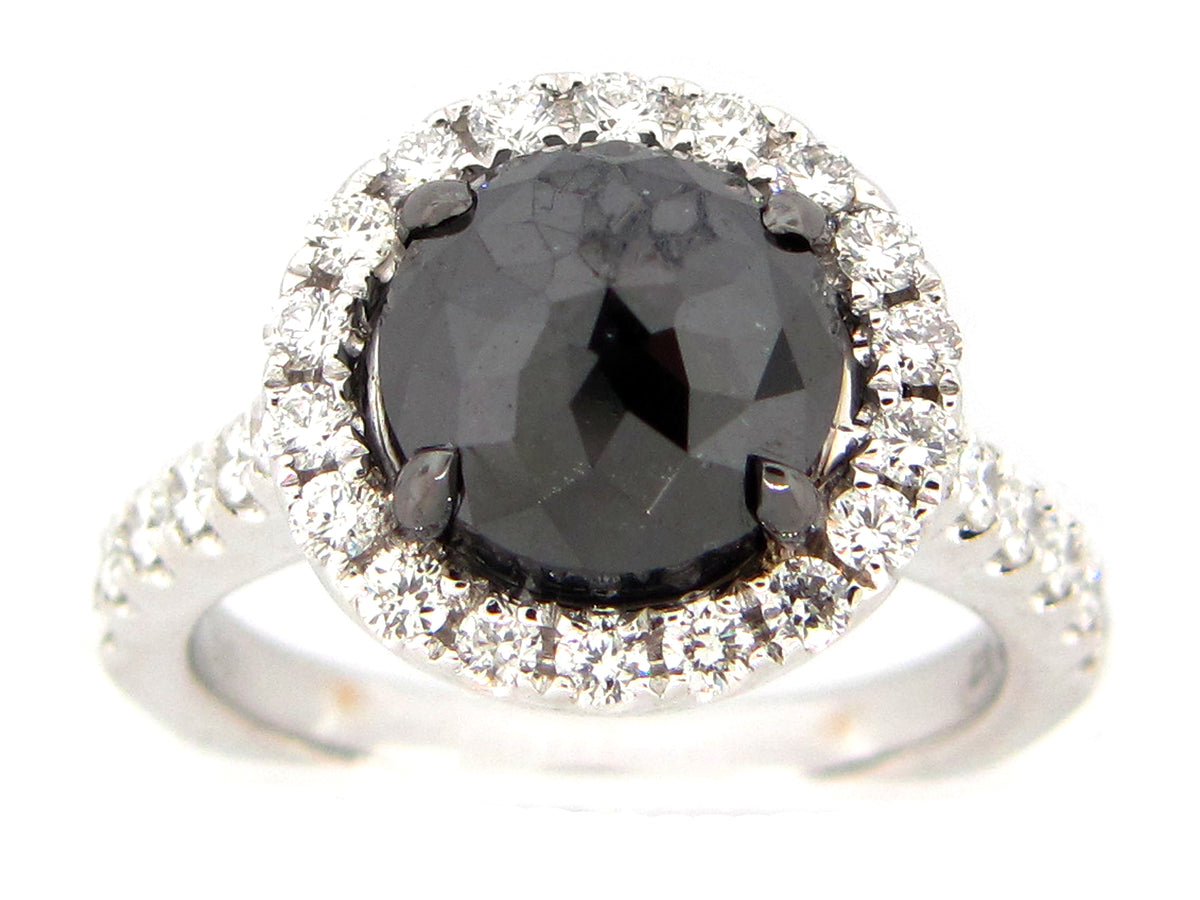 ROSE CUT BLACK & WHITE DIAMOND RING, 18KW (R), CENTER=2.55 D=0.47