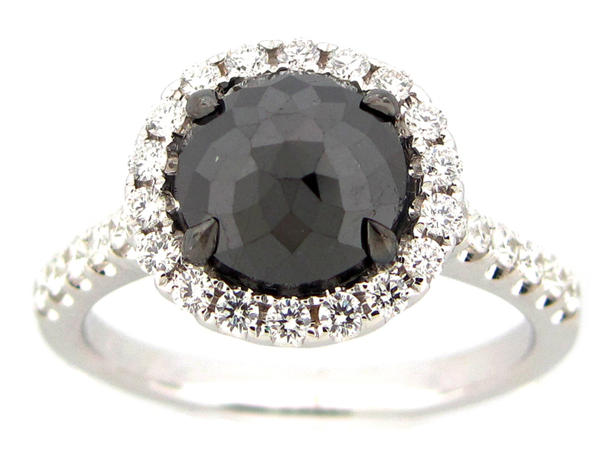 ROSE CUT BLACK & WHITE DIAMOND RING, 18KW (R)