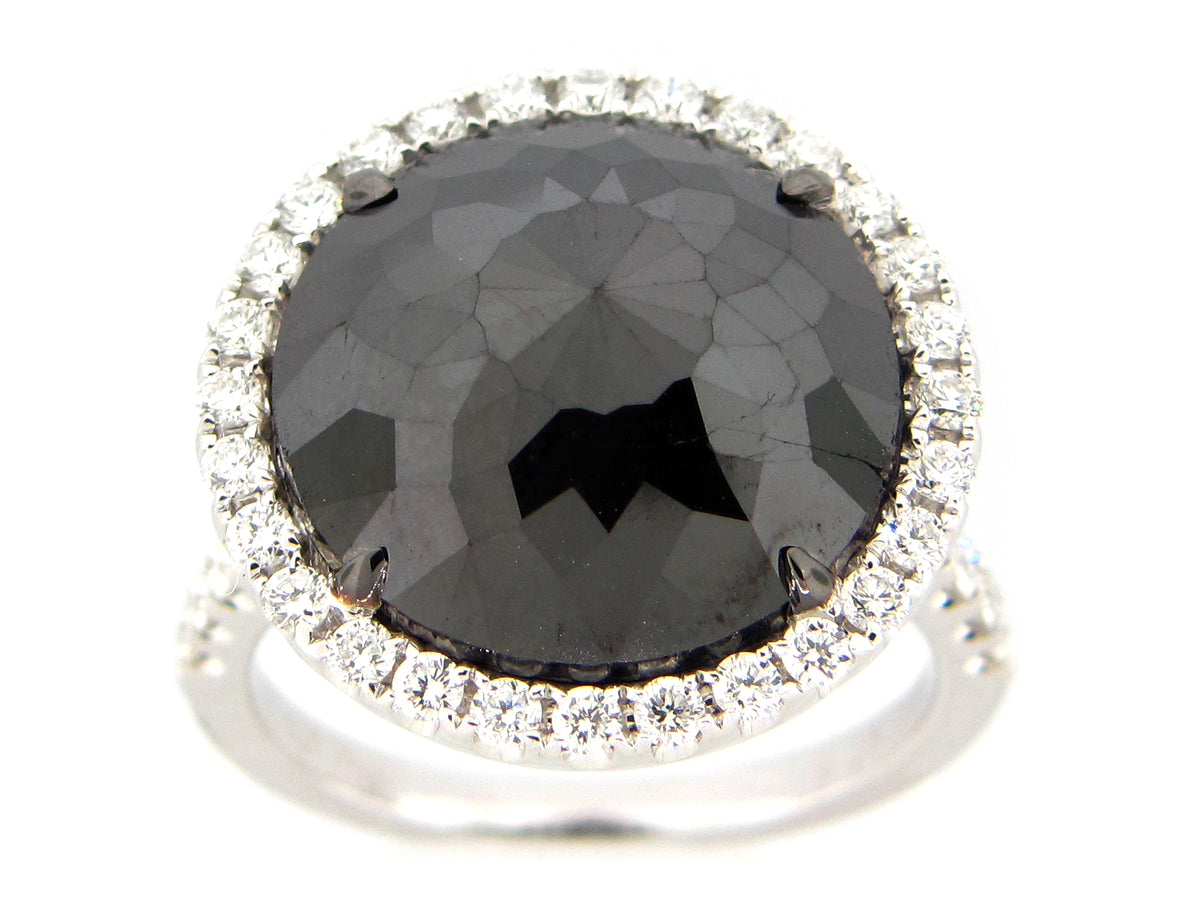 ROSE CUT BLACK & WHITE DIAMOND RING, 18KW (R)