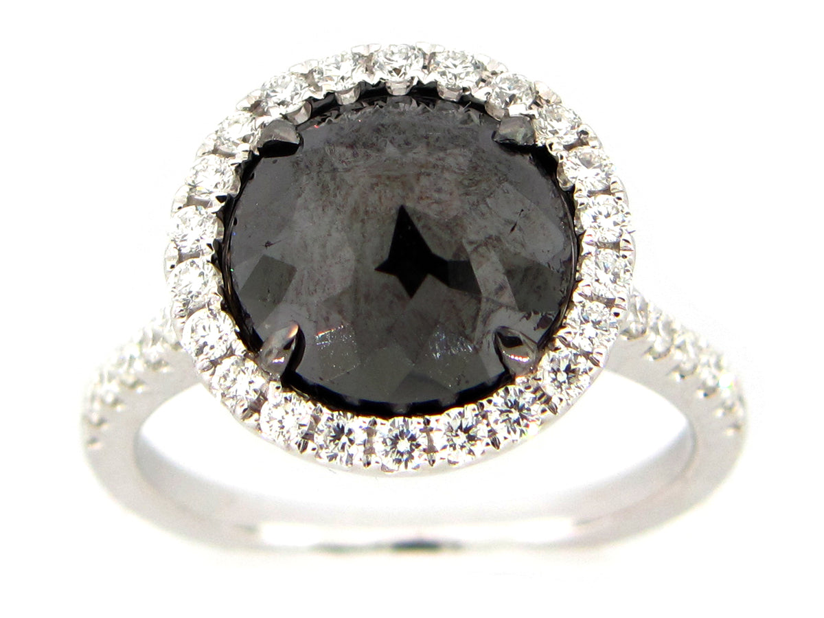ROSE CUT BLACK & WHITE DIAMOND RING, 18KW (R)