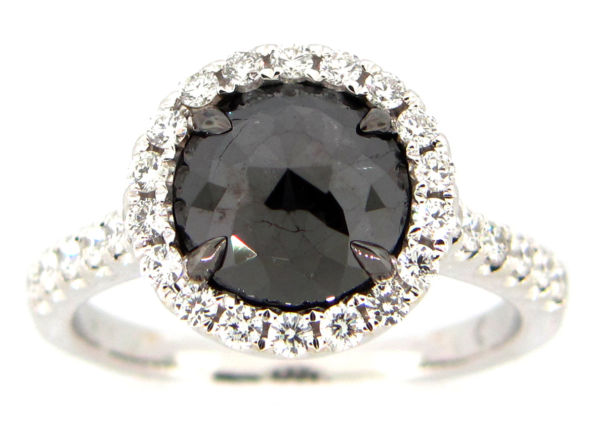 ROSE CUT BLACK & WHITE DIAMOND RING, 18KW (R)