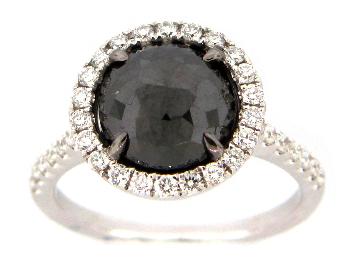 ROSE CUT BLACK & WHITE DIAMOND RING, 18KW (R)