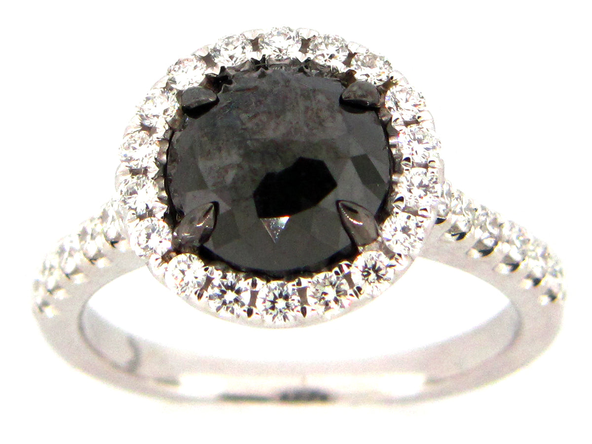 ROSE CUT BLACK & WHITE DIAMOND RING, 18KW (R)