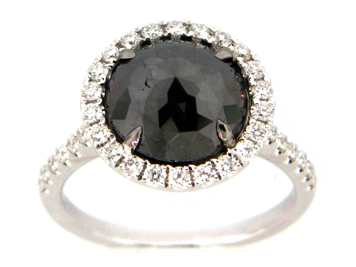 ROSE CUT BLACK & WHITE DIAMOND RING, 18KW (R)