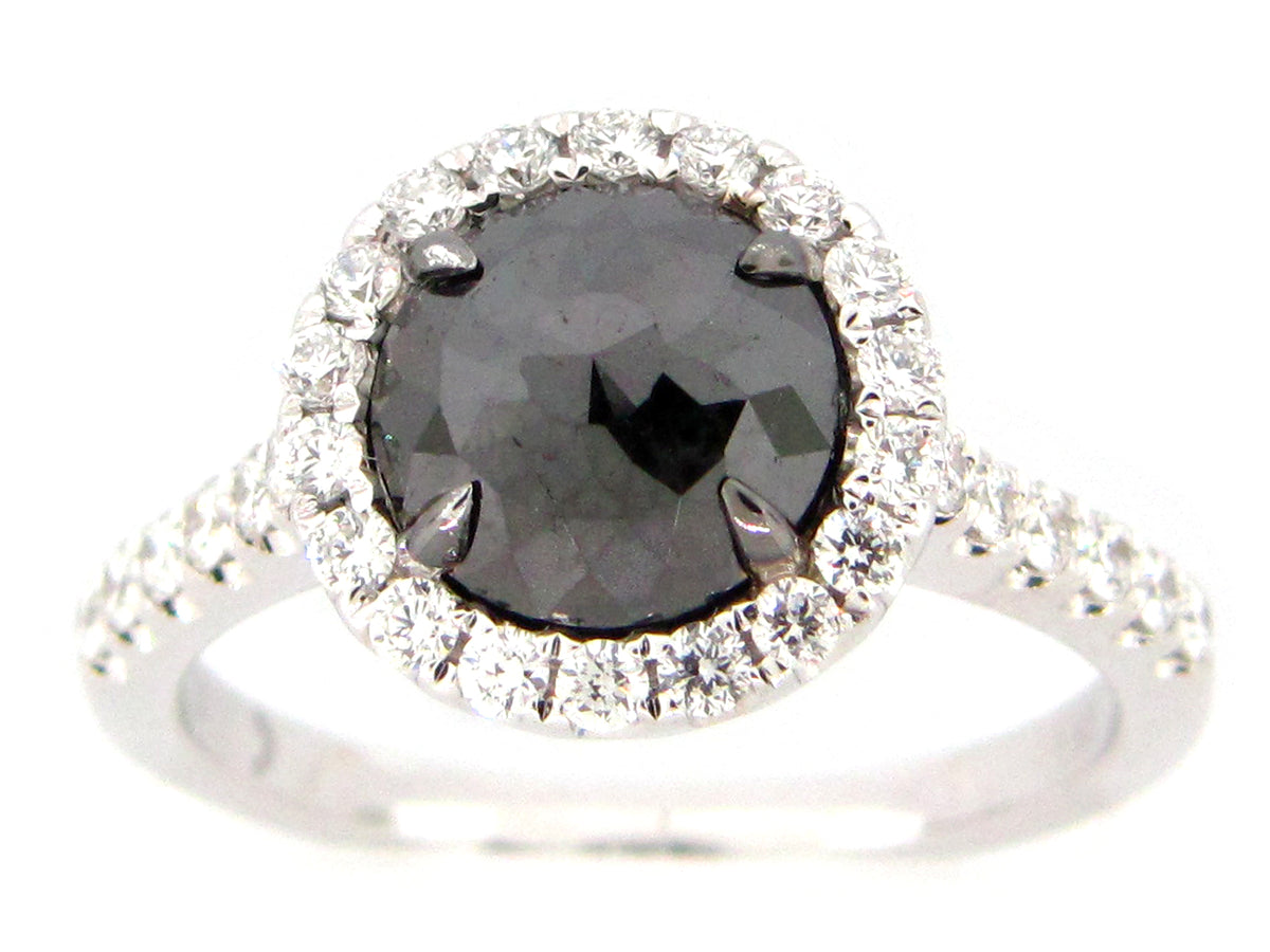 ROSE CUT BLACK & WHITE DIAMOND RING, 18KW (R)