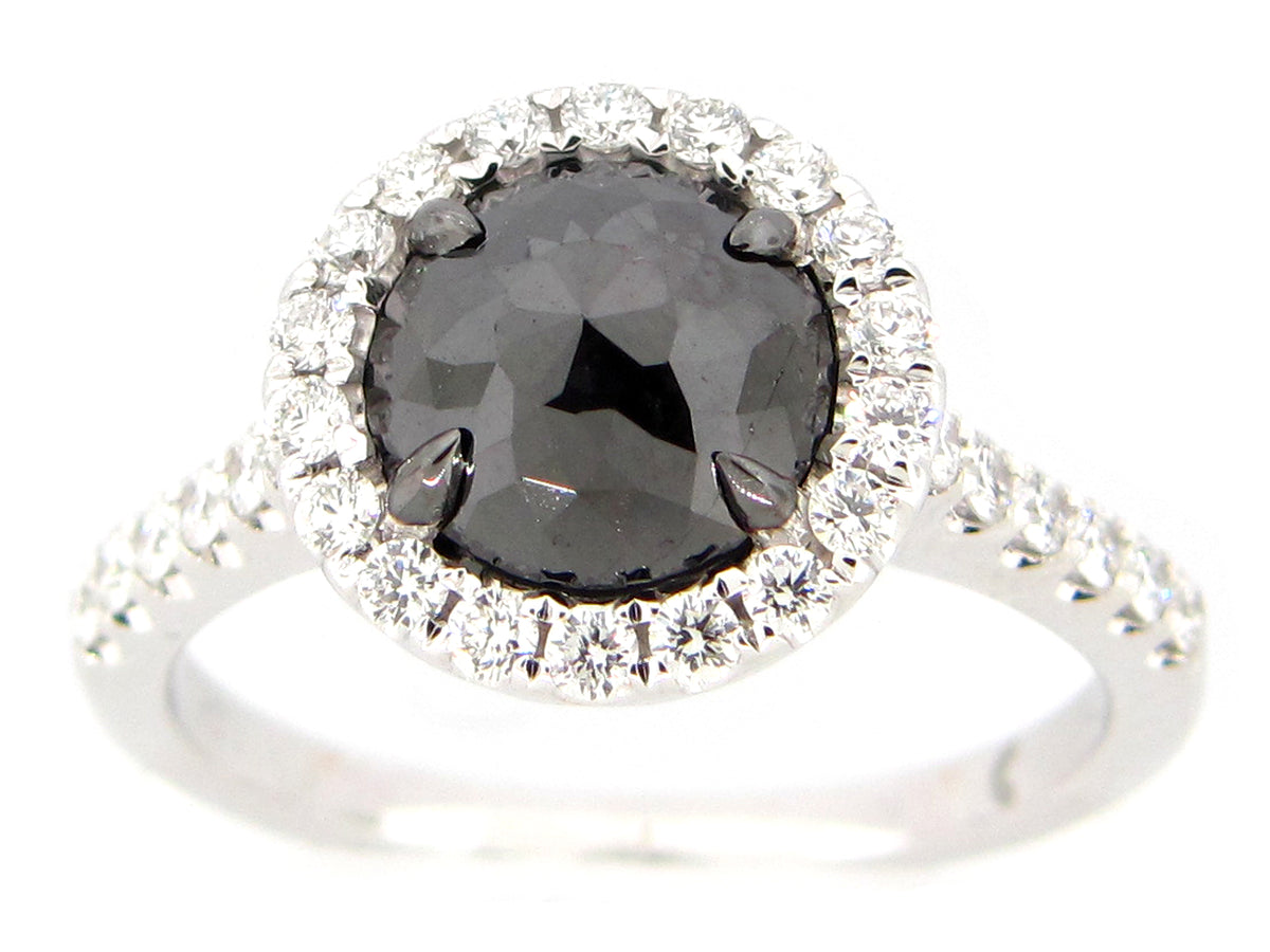ROSE CUT BLACK & WHITE DIAMOND RING, 18KW (R)
