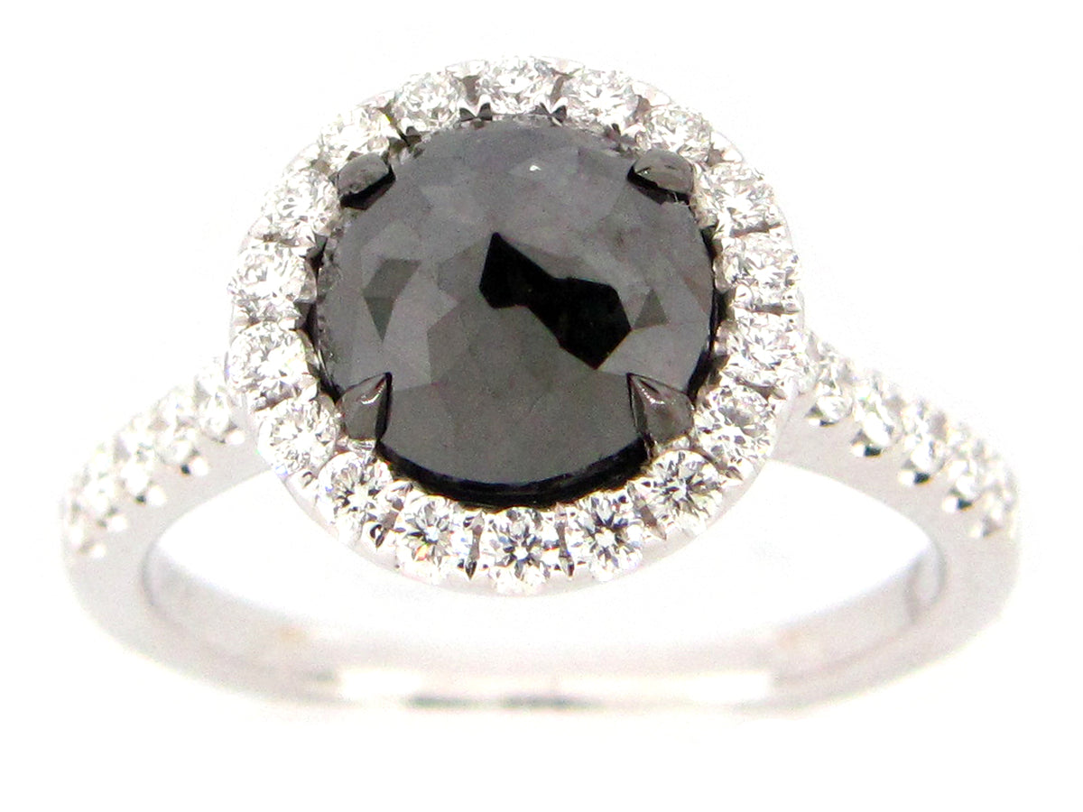 ROSE CUT BLACK & WHITE DIAMOND RING, 18KW (R)