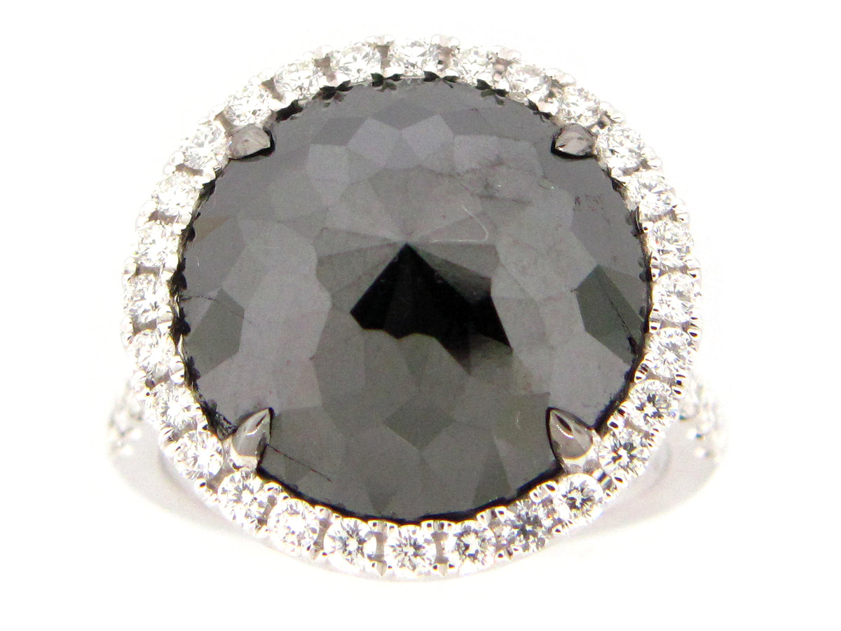 ROSE CUT BLACK & WHITE DIAMOND RING, 18KW (R)