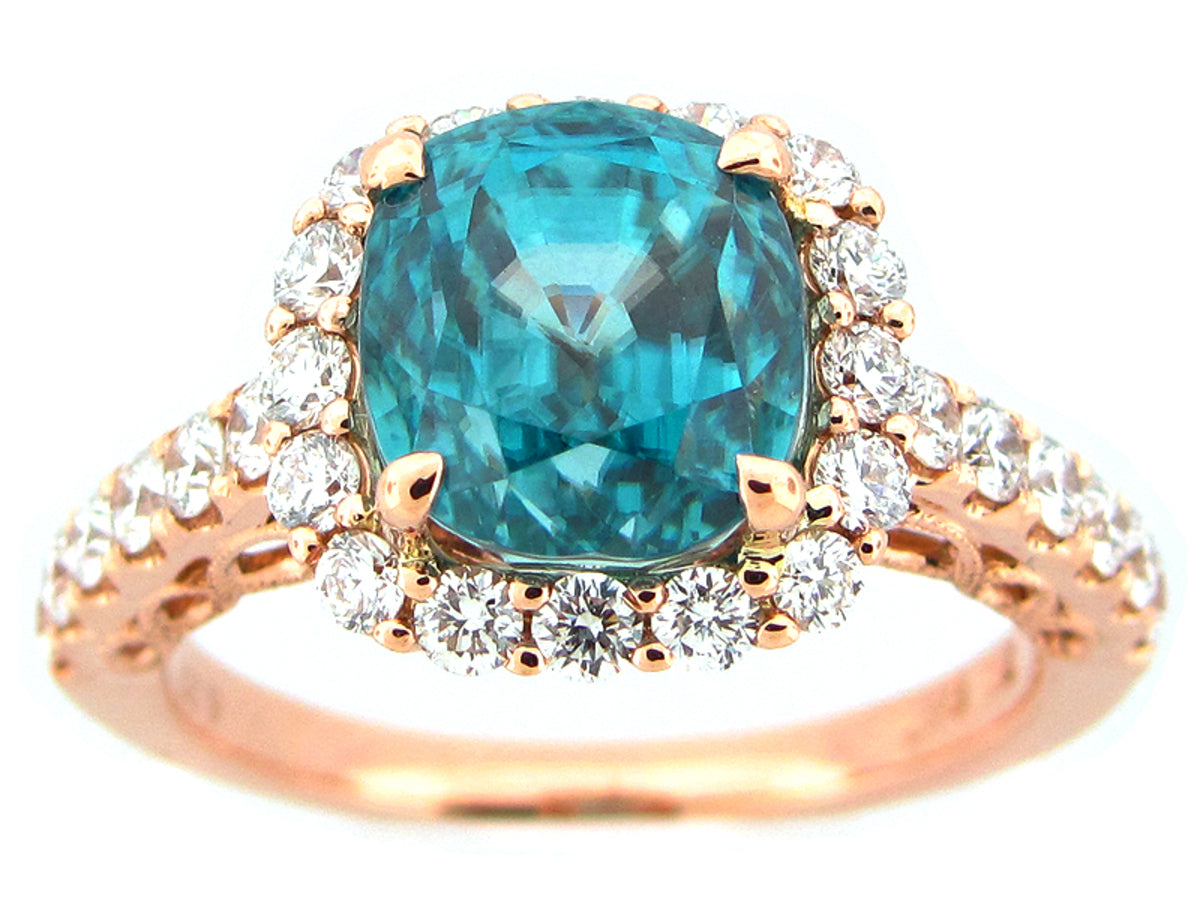 BLUE ZIRCON & DIAMOND RING, 18KR (H)