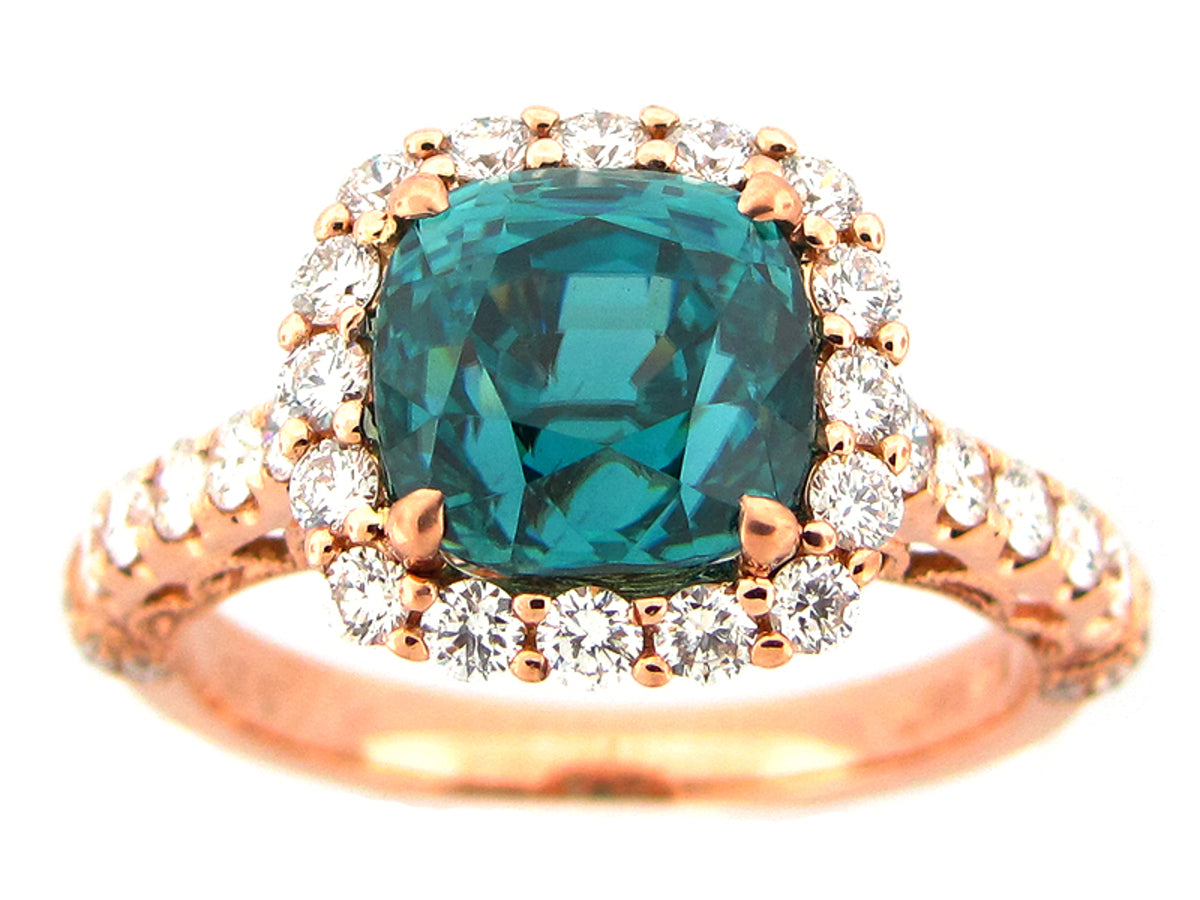 BLUE ZIRCON & DIAMOND RING, 18KR (H)