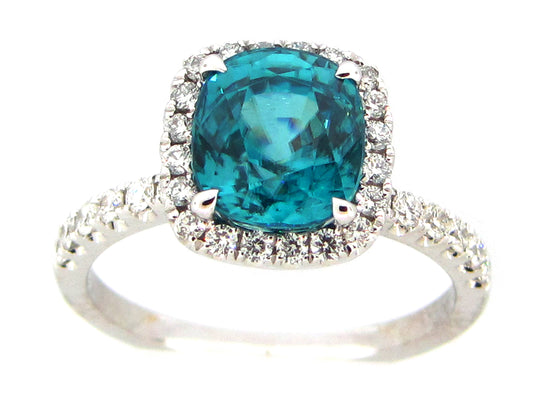 BLUE ZIRCON & DIAMOND RING, 18KW (H)