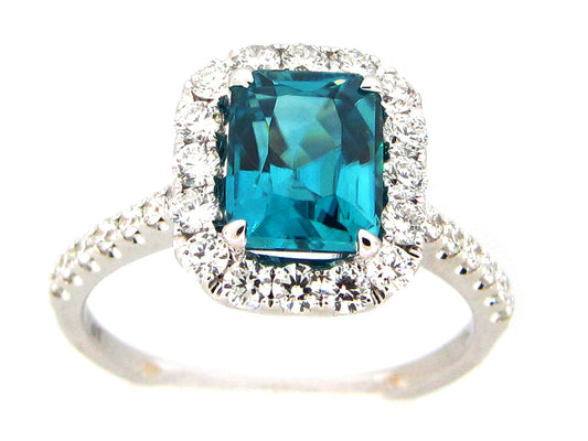 BLUE ZIRCON & DIAMOND RING, 18KW (H)