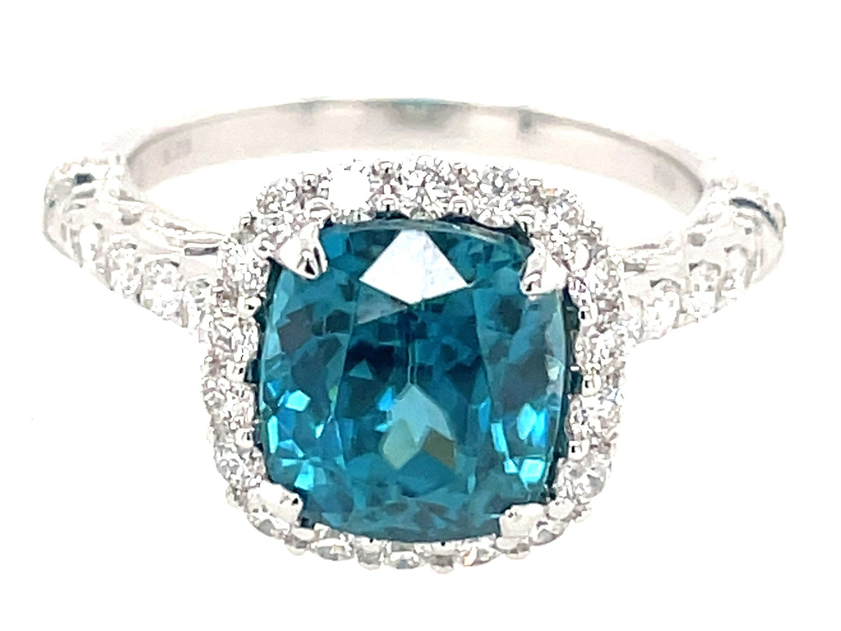 BLUE ZIRCON & DIAMOND RING, 18KW (H)