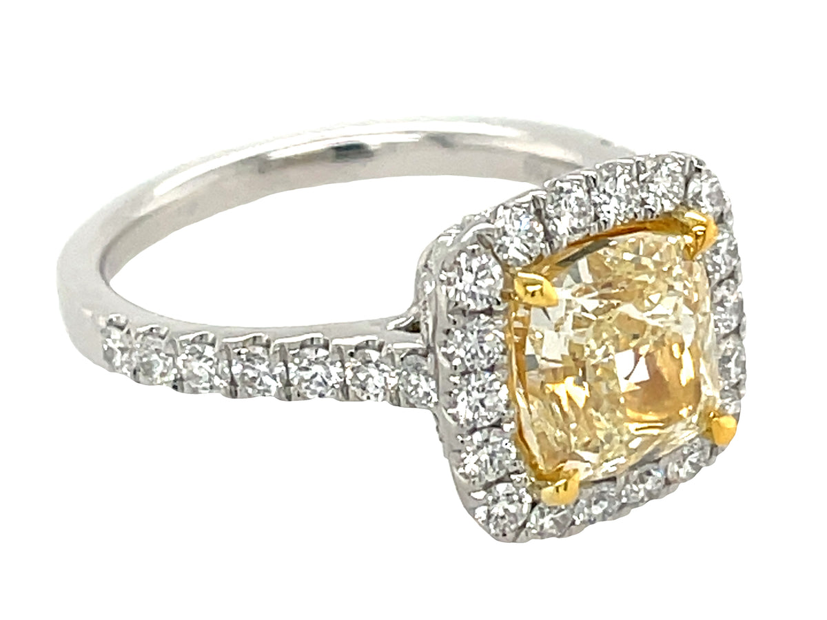NATURAL CUSHION YELLOW DIAMOND CENTER & WHITE DIAMOND HALO RING