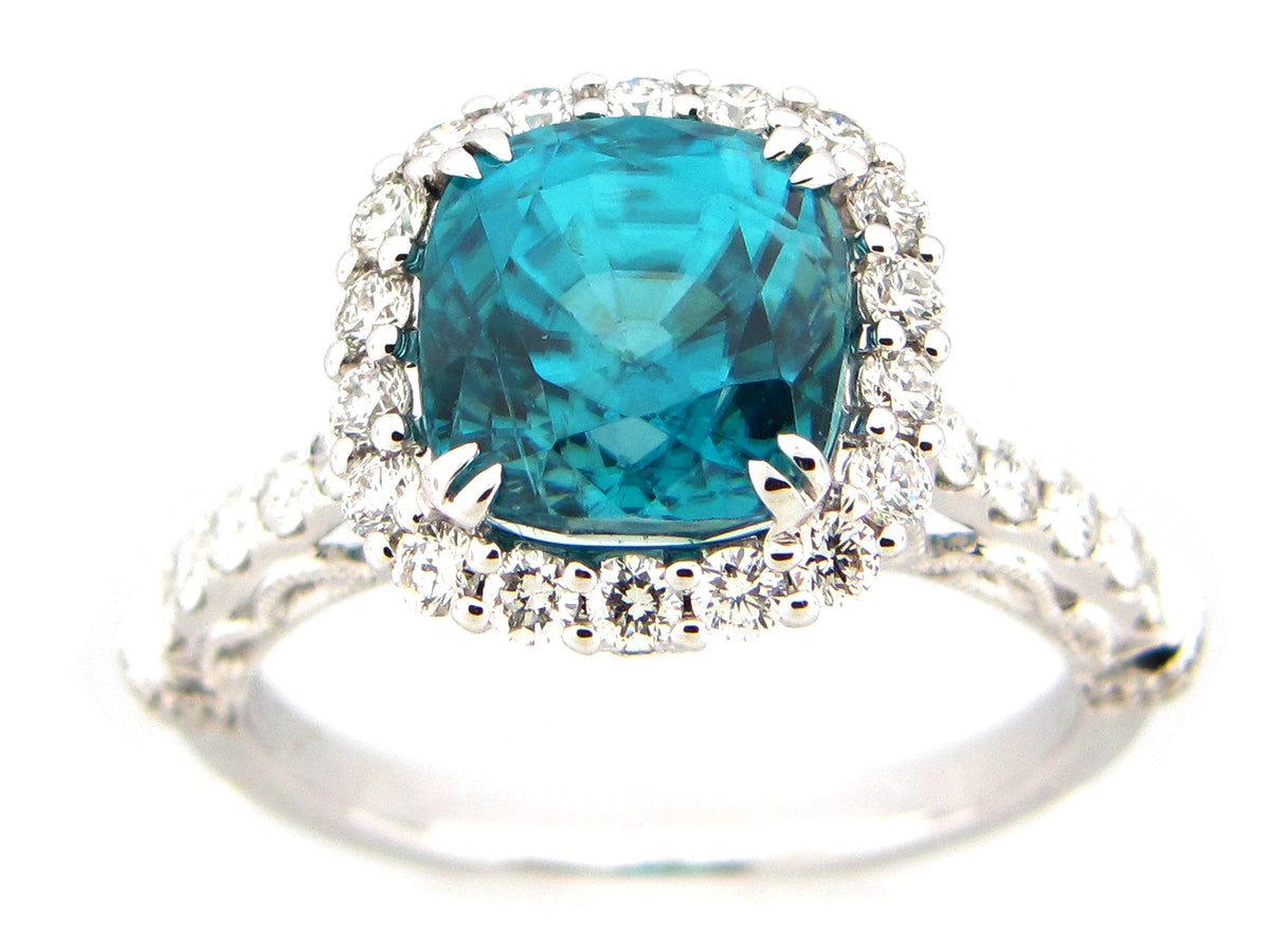 BLUE ZIRCON & DIAMOND RING, 18KW (H)