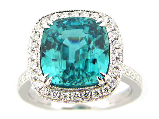 BLUE ZIRCON & DIAMOND RING, 18KW (H)